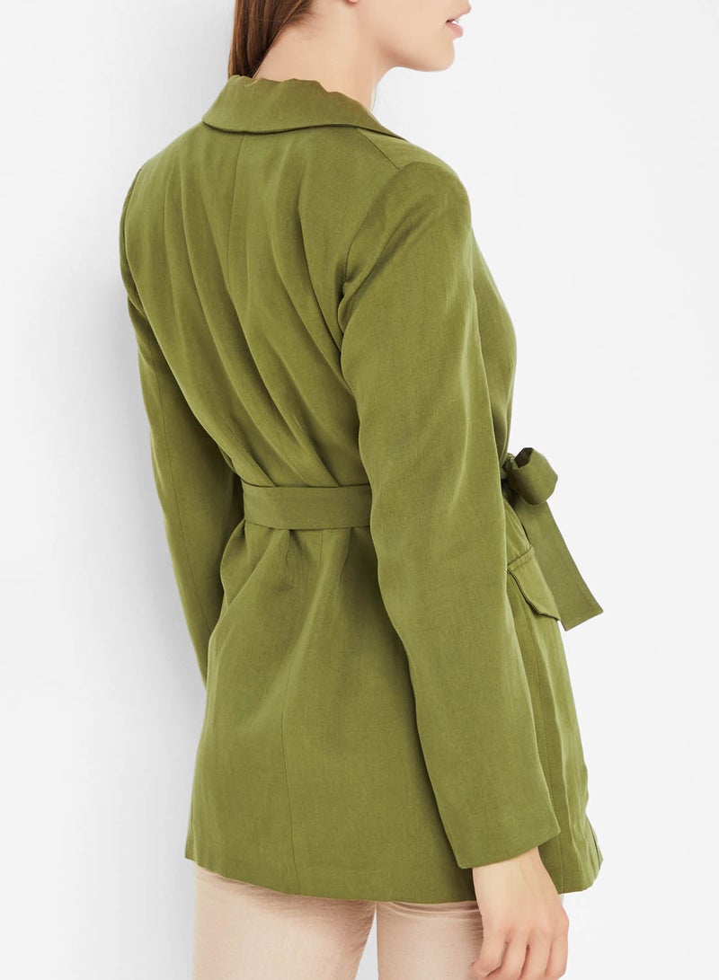 Stock Button Detail Belted Blazer Green  - Image 2
