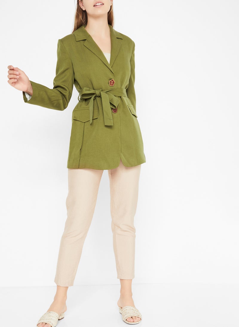 Stock Button Detail Belted Blazer Green  - Image 3