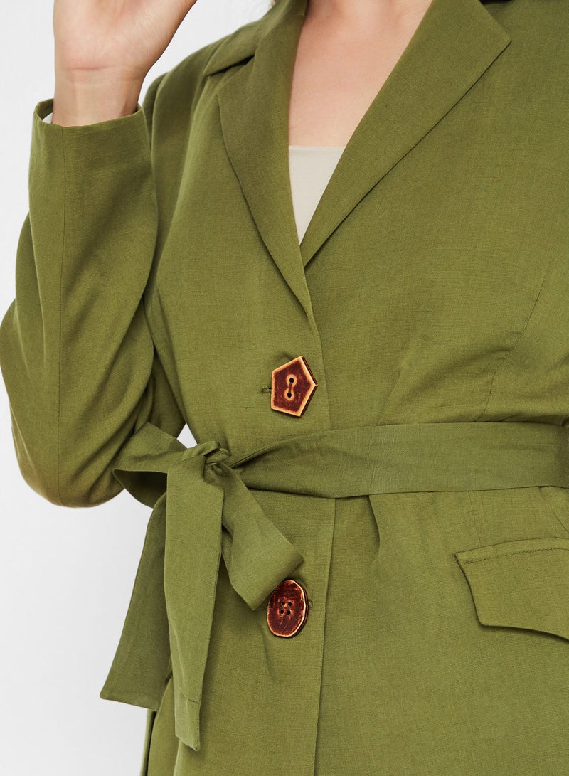 Stock Button Detail Belted Blazer Green  - Image 4