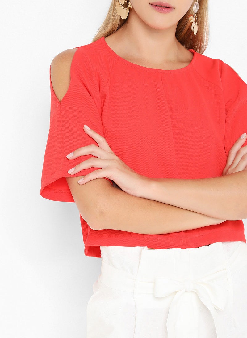 ستوك بلوزة نسيجية بفتحة رقبة دائرية وكتف مكشوف مرجاني - Image 1