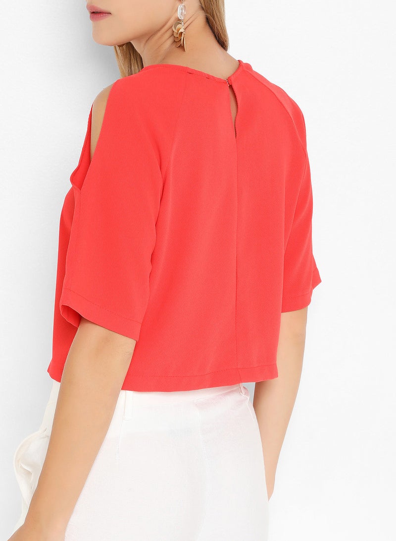 ستوك بلوزة نسيجية بفتحة رقبة دائرية وكتف مكشوف مرجاني - Image 2