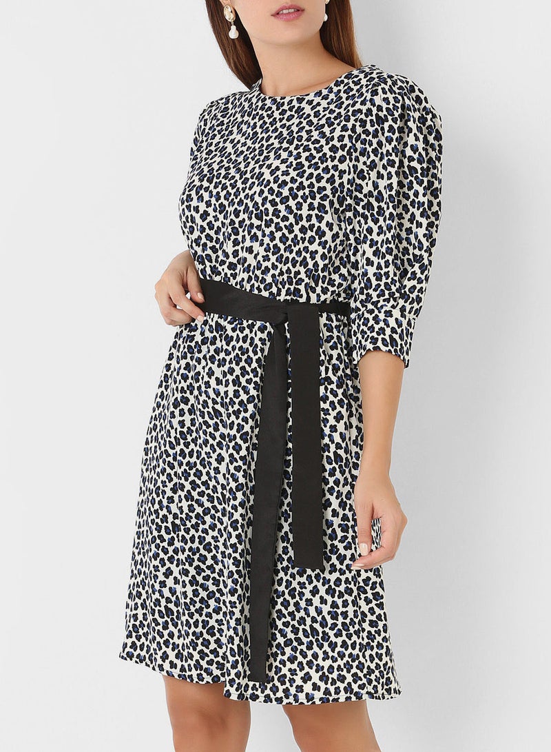 Stock - Animal Print Belted Dress White/Black - Image 1