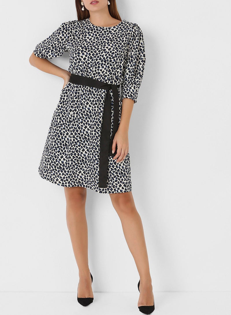 Stock - Animal Print Belted Dress White/Black - Image 1