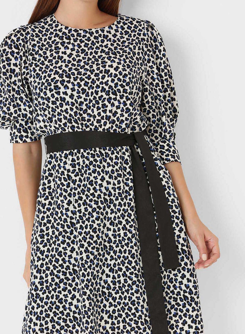 Stock - Animal Print Belted Dress White/Black - Image 1
