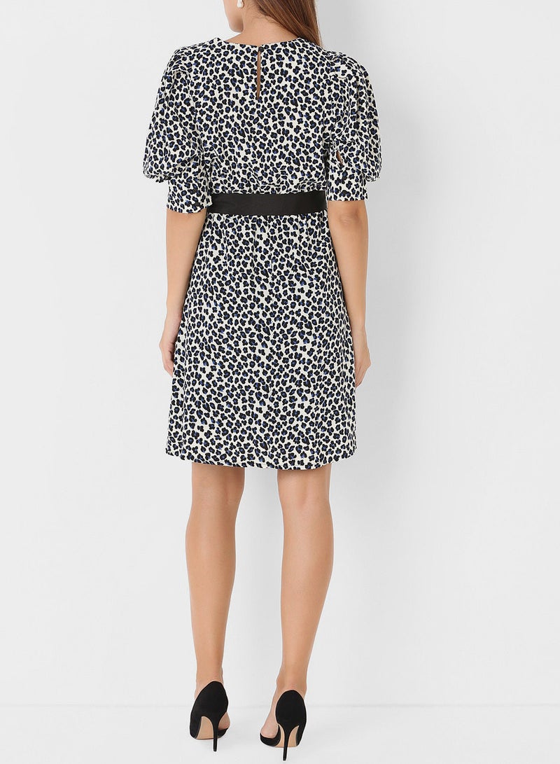 Stock - Animal Print Belted Dress White/Black - Image 1