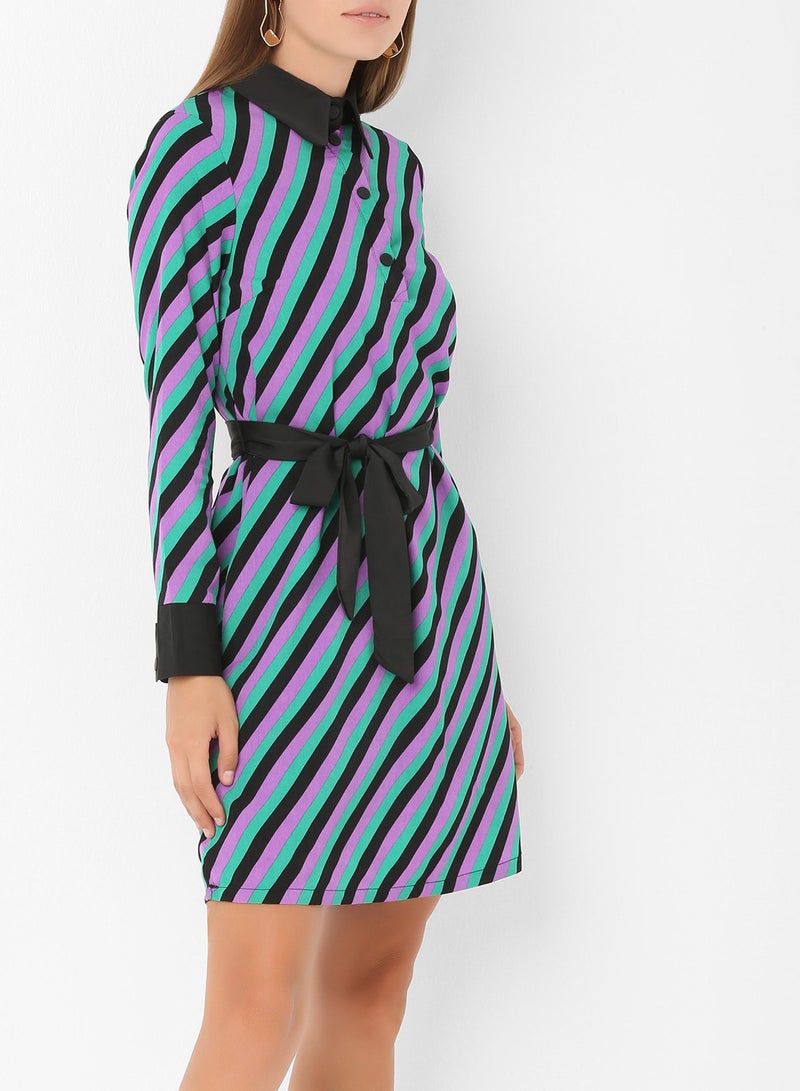 ستوك فستان مخطط بحزام ليلكي - Image 1