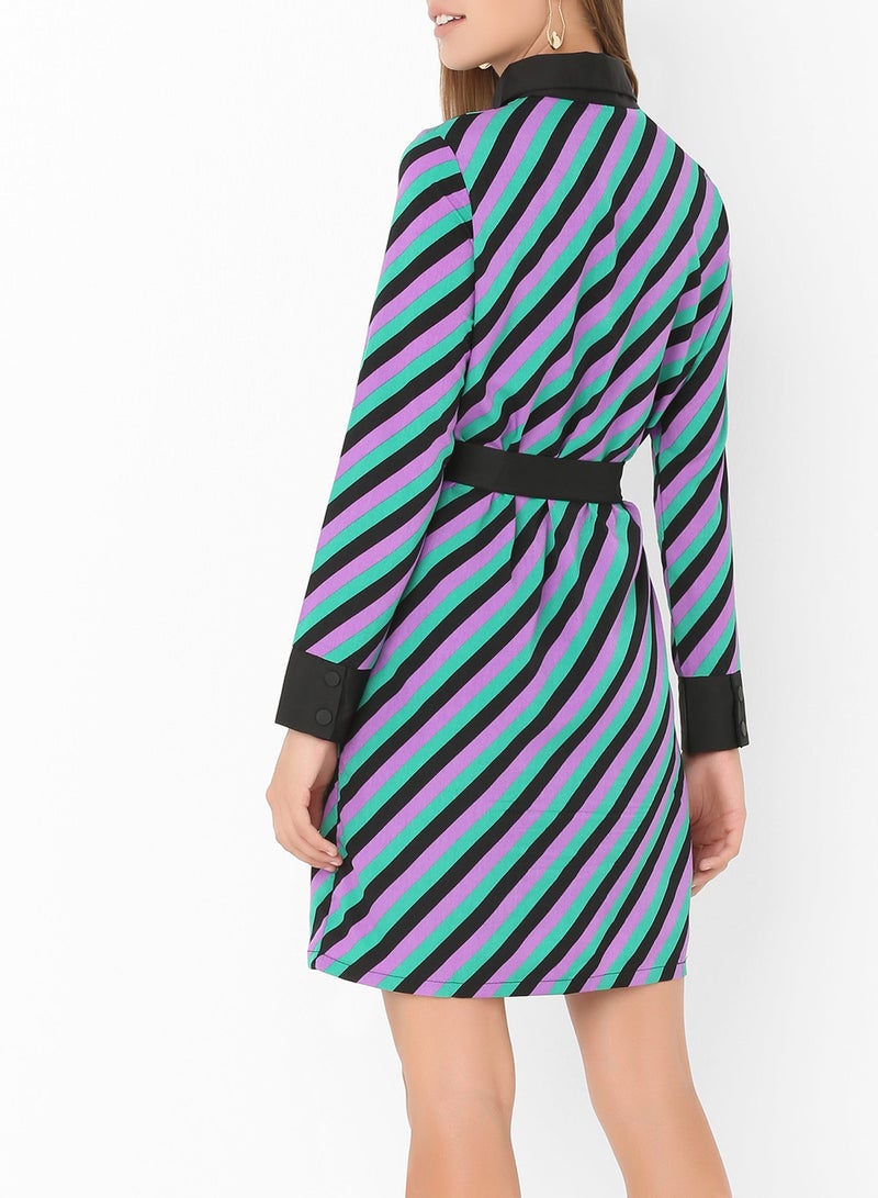 ستوك فستان مخطط بحزام ليلكي - Image 2