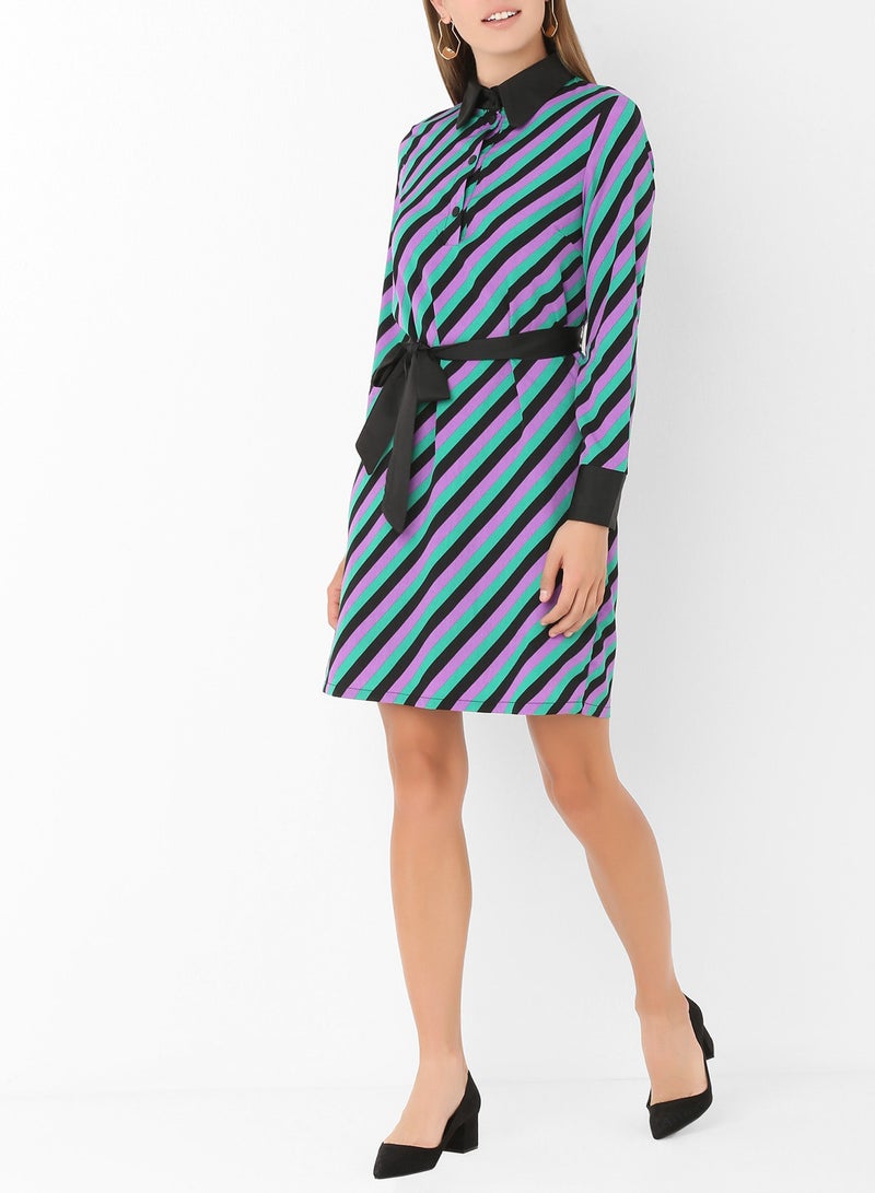 ستوك فستان مخطط بحزام ليلكي - Image 3