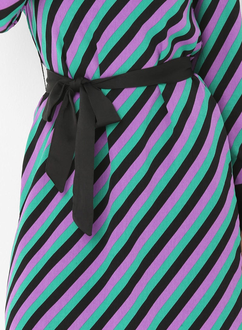 ستوك فستان مخطط بحزام ليلكي - Image 4