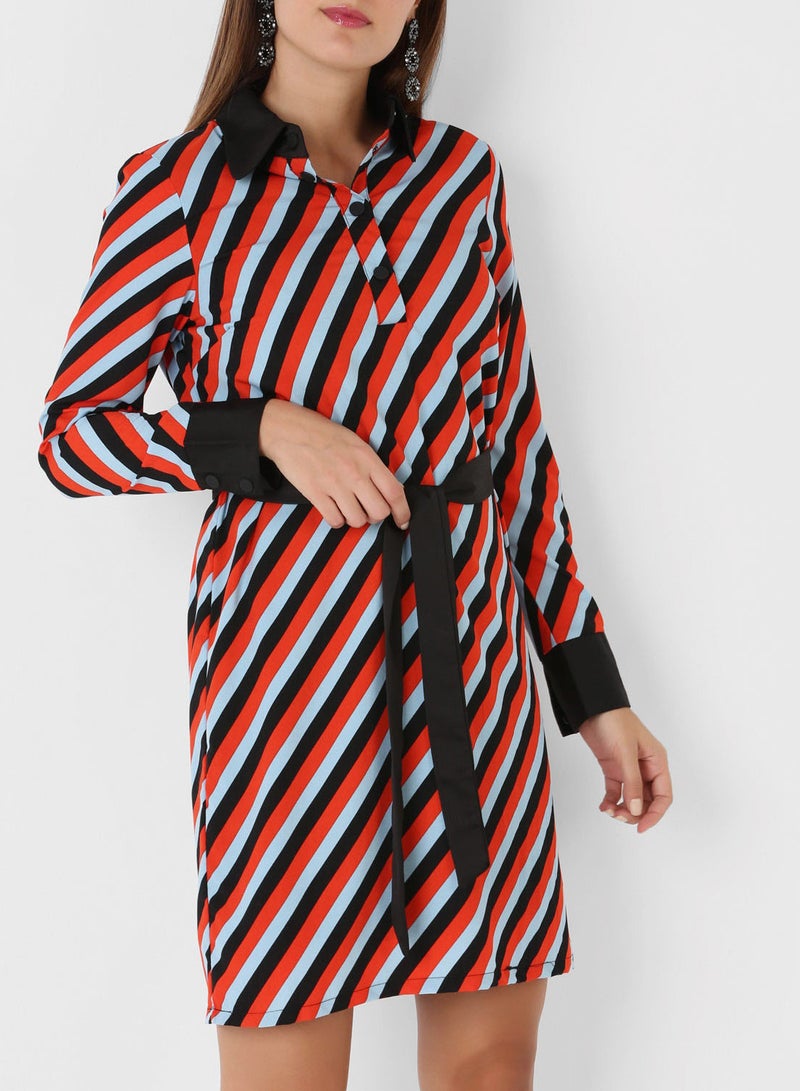 Stock - Stripe Belted Dress Red - Image 1