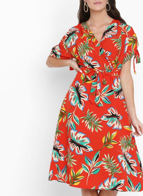 Leaf Printed Wrap Front Dress Red