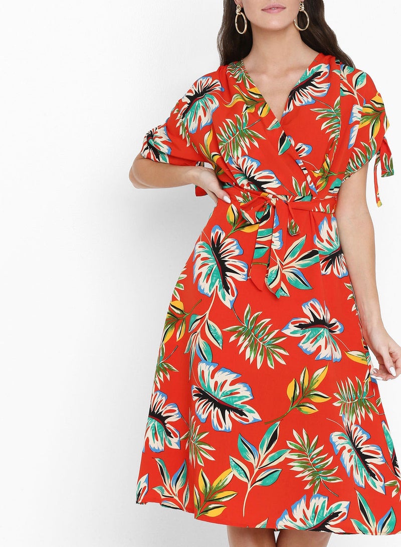 Stock Leaf Printed Wrap Front Dress Red - Image 1