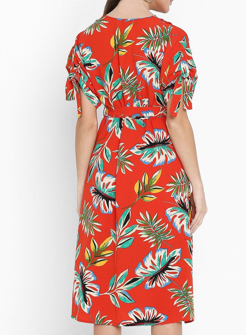 Stock Leaf Printed Wrap Front Dress Red - Image 2