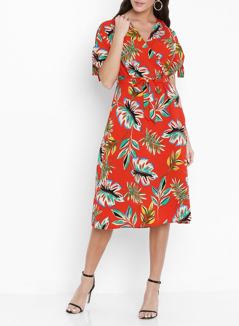 Stock Leaf Printed Wrap Front Dress Red - Image 3