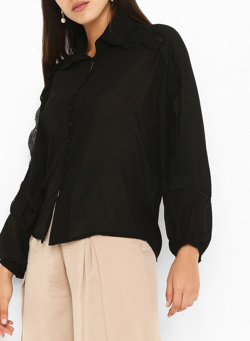 Stock Lace Detailed Long Sleeves Shirt Black  - Image 3