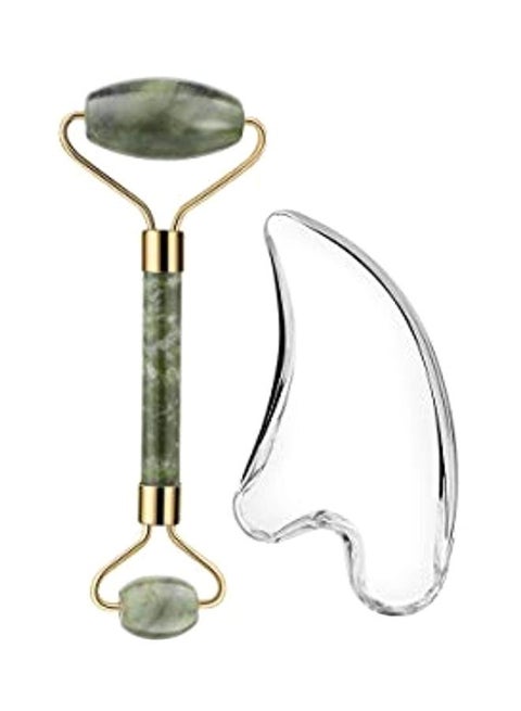 Jade Roller Facial Massager With Gua Sha Board Green/Gold