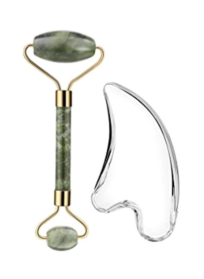 Generic Jade Roller Facial Massager With Gua Sha Board Green/Gold  - Image 1