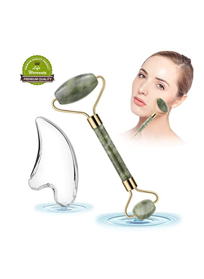 Generic Jade Roller Facial Massager With Gua Sha Board Green/Gold  - Image 2