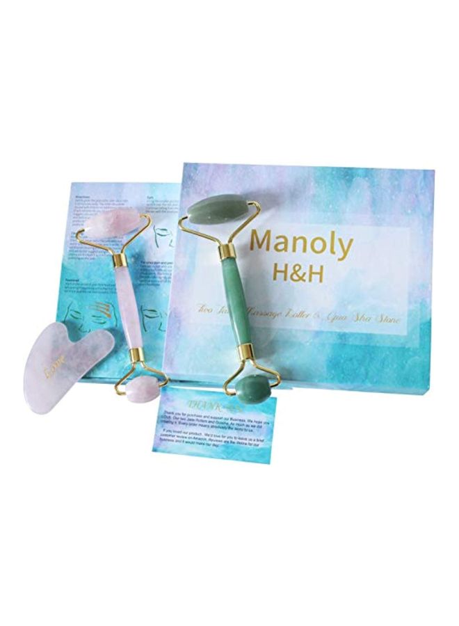 2-Piece Jade Roller Facial Massager With Gua Sha Board Green/Gold/Pink - Image 2