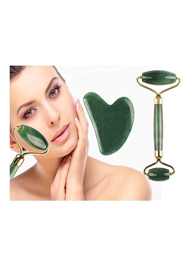 Generic - Jade Facial Roller With Gua Sha Board Green/Gold - Image 1