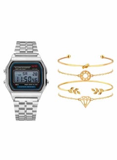 Women's 5-Piece Stainless Steel Digital Watch And Bracelet Set 8350