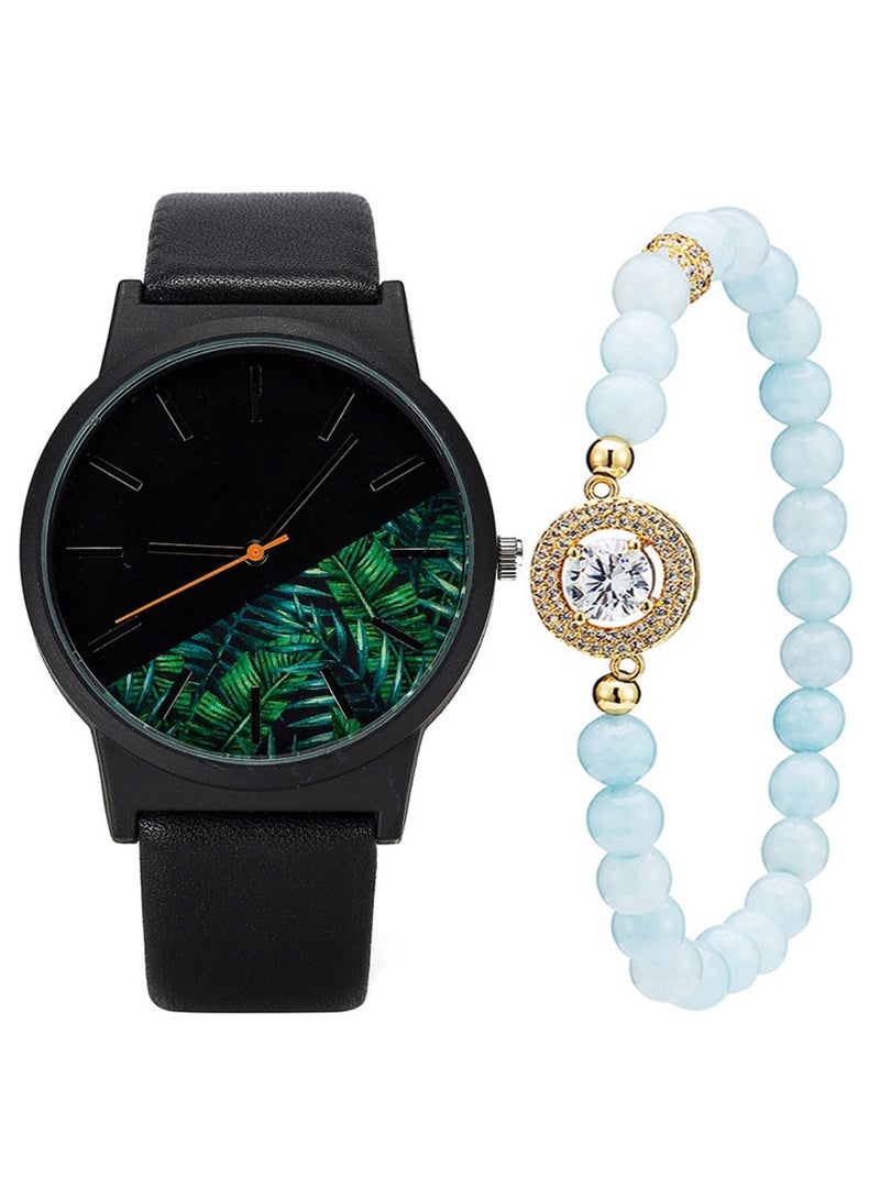 Women's 2 Pcs Pointer Patchwork Flower Pattern Round Dial Trendy Watch With Bracelet  - Image 1
