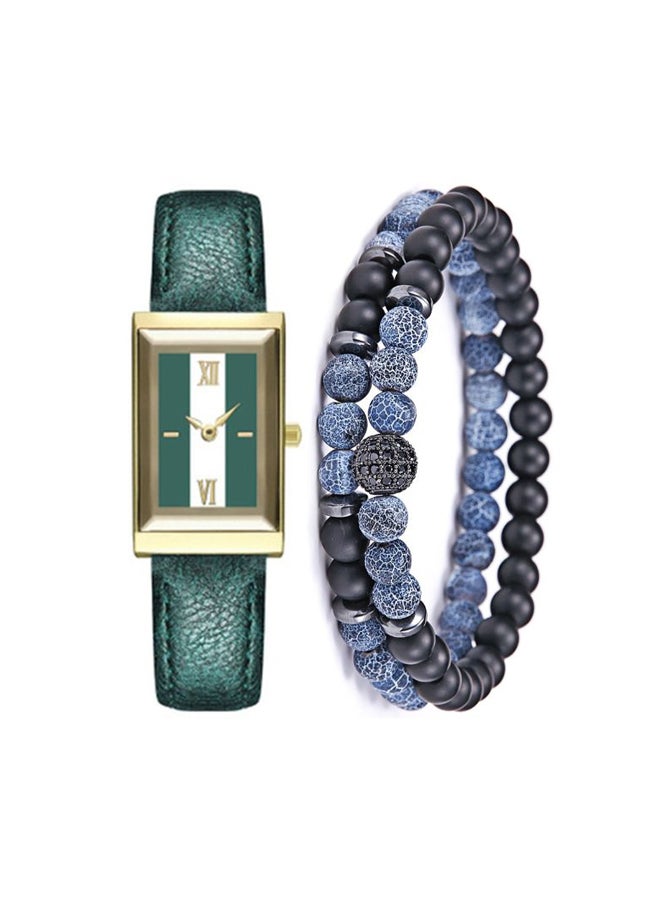 men Square Dial Analog Watch NNSB03704362 With Beaded Adjustable Bracelet Set