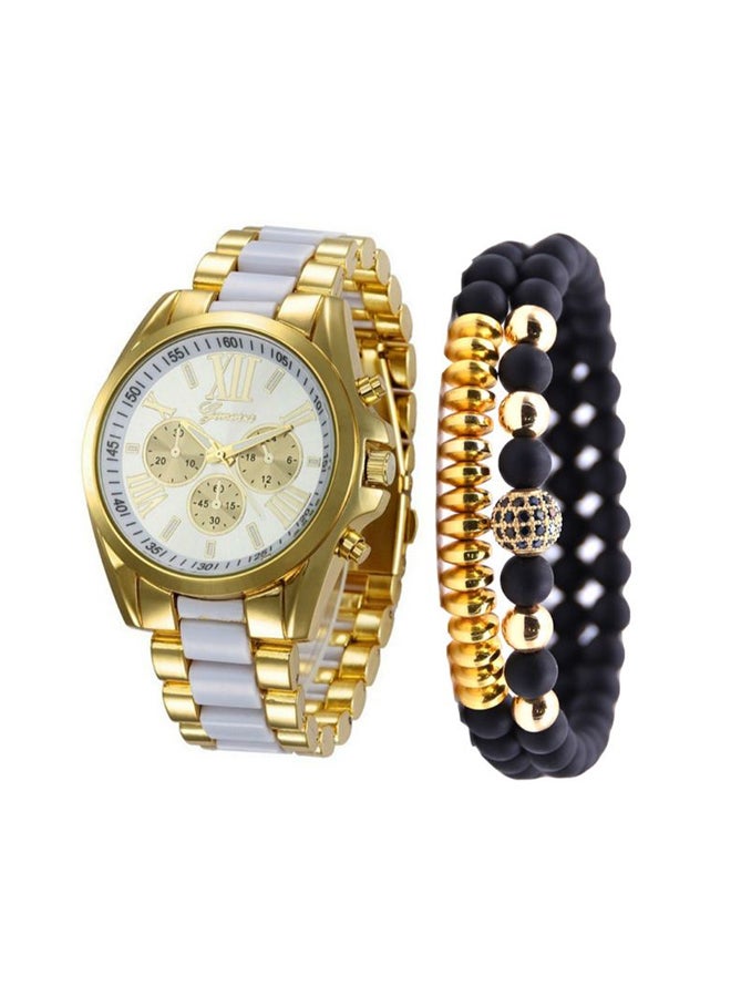 Men's 3-Piece Fashion Vintage Color Block Band Quartz With 2-PieceBracelet Set 7244