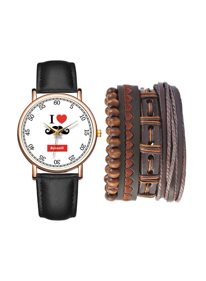 Men's 5-Piece Set Quartz Pointer Display Watch  With Woven Bracelets 3708 