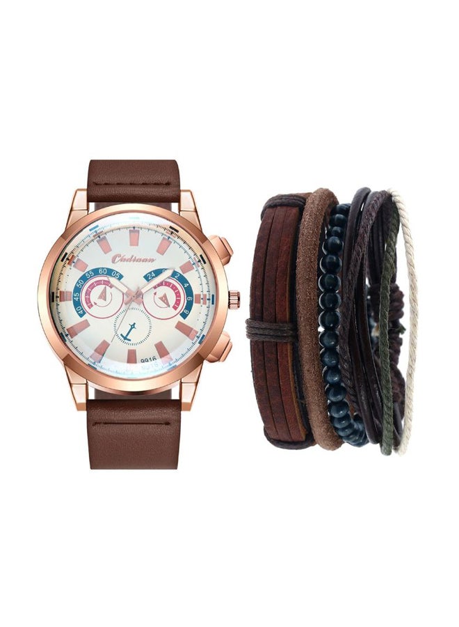 men 5-Piece Set Quartz Round Dial Pointer Display Watch  With Bracelets 3707 