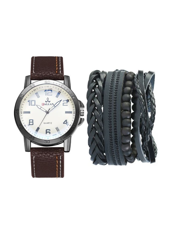 men 5-Piece Set Quartz Pointer Display Watch  With Woven Bracelets 3713 