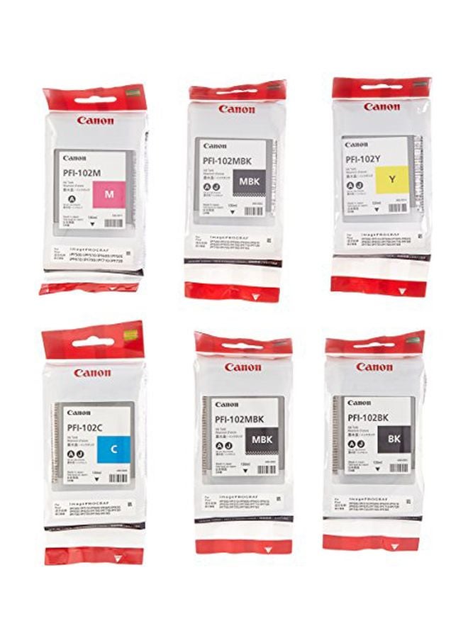 كانون مجموعة خزانات حبر طابعة من 6 قطع، طراز PFI-102 متعدد الألوان