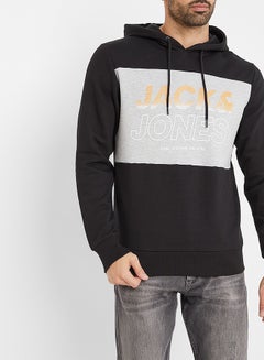 JACK & JONES Jonah Box Logo Hoodie Black/Grey/Yellow  - Image 1