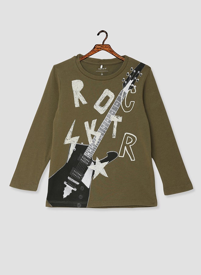 NAME IT Kids Long Sleeve Rock T-Shirt Burnt Olive - Image 1
