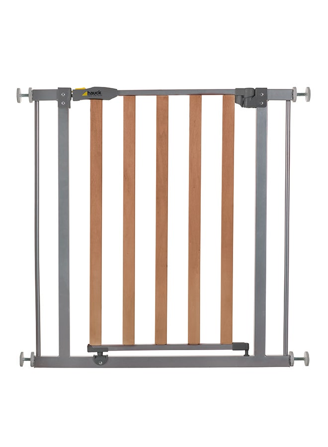 hauck Safety Gate For Doors And Stairs Woodlock Safe Gate, 75 - 80 Cm, Pressure Fit, No Drilling Needed, Extendable With Separate Extensions Metal - Silver And Brown  - Image 1