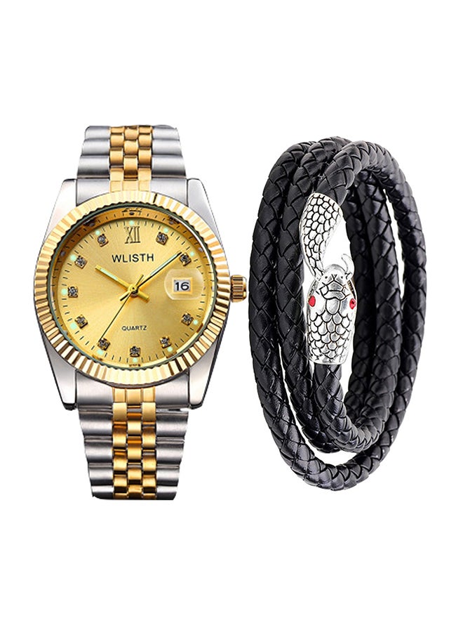 men Stainless Steel Date Display Analog Watch NNSB03708596 With Beaded Bracelet Set 