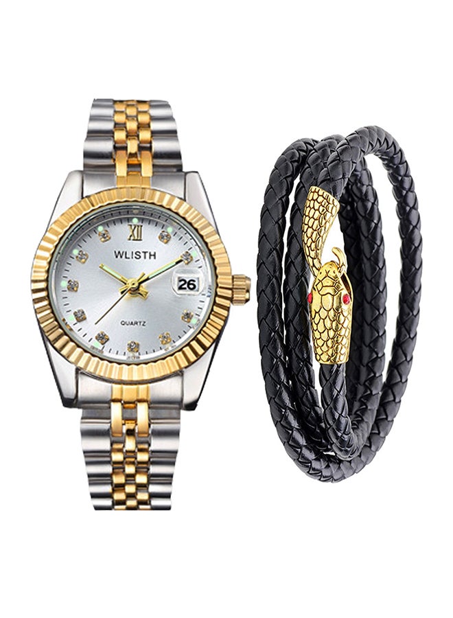 men Stainless Steel Date Display Analog Watch NNSB03708597 With Beaded Bracelet Set 