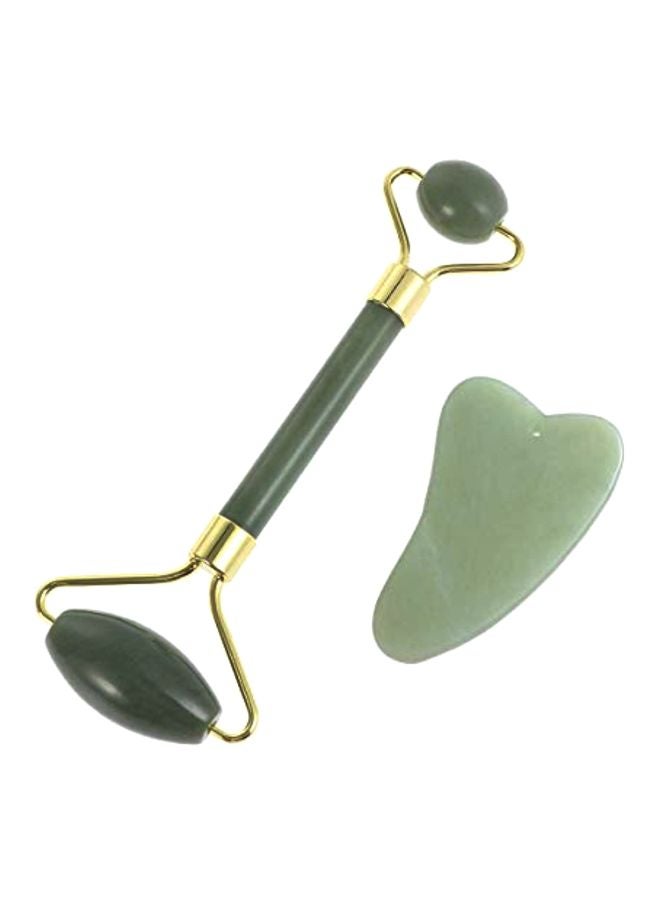 Gnker - Jade Roller With Gua Sha Scraping Massager Set Green/Gold - Image 1
