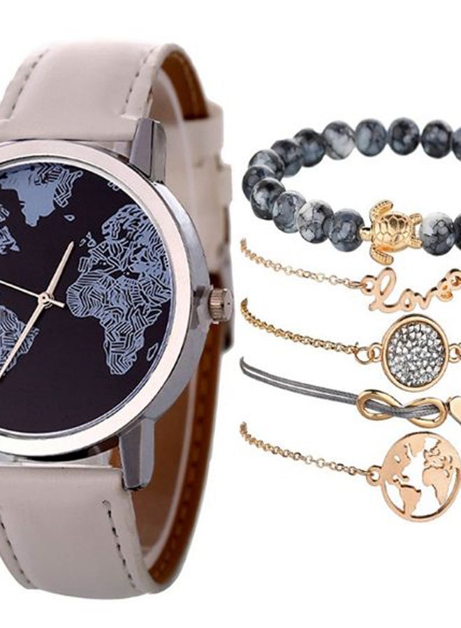 Women's 6-Piece Retro Map Leather Analog Watch And Bracelet Set NSSB037000222 - Image 2