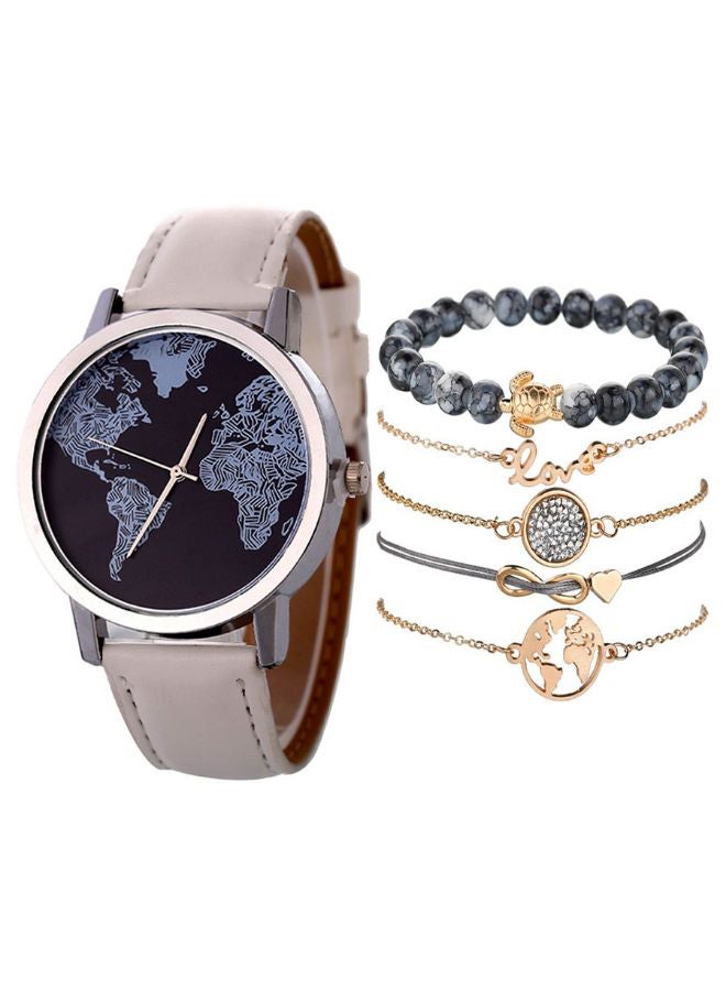 Women's 6-Piece Retro Map Leather Analog Watch And Bracelet Set NSSB037000222 - Image 1