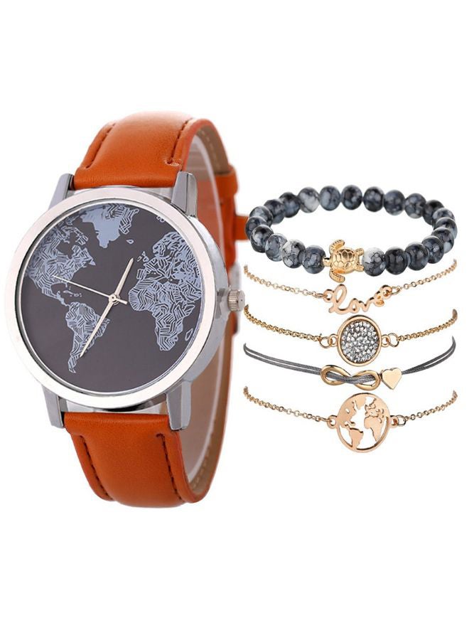 Women's 6-Piece Retro Map Leather Analog Watch And Bracelet Set NSSB037000223 - Image 1