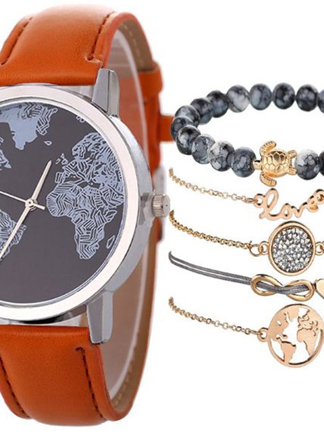 Women's 6-Piece Retro Map Leather Analog Watch And Bracelet Set NSSB037000223 - Image 2