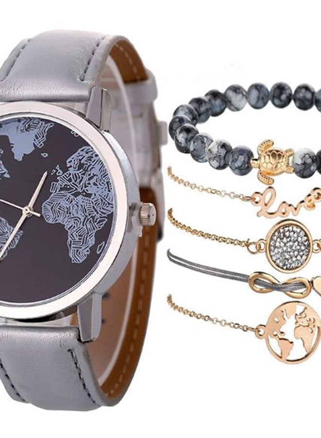 Generic - women 6-Piece Retro Map Leather Analog Watch And Bracelet Set NSSB037000224 - Image 1