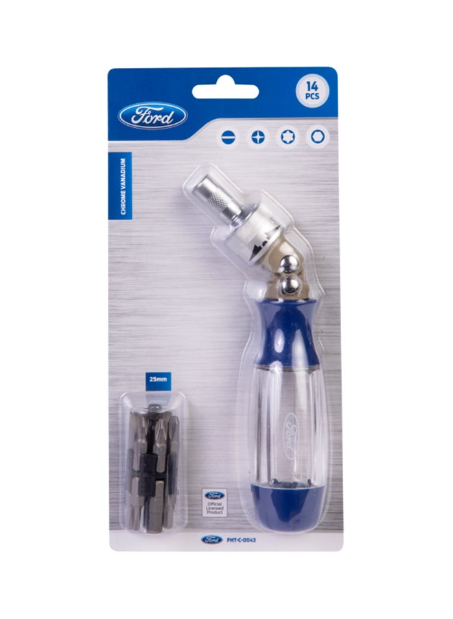 Ford 14-In-1 Heavy Duty Crv Ratchet Screwdriver Set Withsoft Grip Handle Blue/Clear/Silver 2x38mm - Image 1