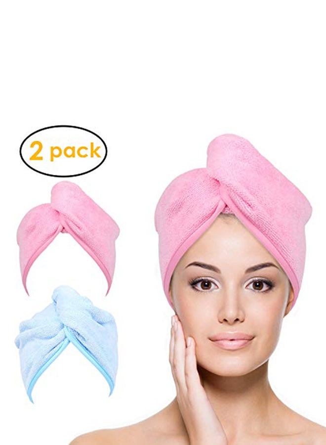 YoulerTex - 2-Piece Microfiber Hair Towel Wrap Blue/Pink 10x26inch - Image 1