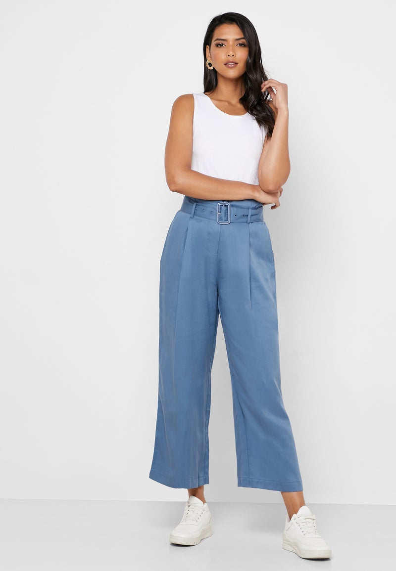 Native Youth - Tencel Belted Wide Leg Pants Blue - Image 1