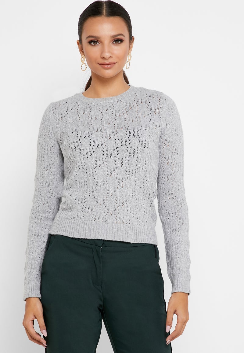 ريزرفد سترة بفتحة رقبة مستديرة ونقشة مخرمة رمادي - Image 1