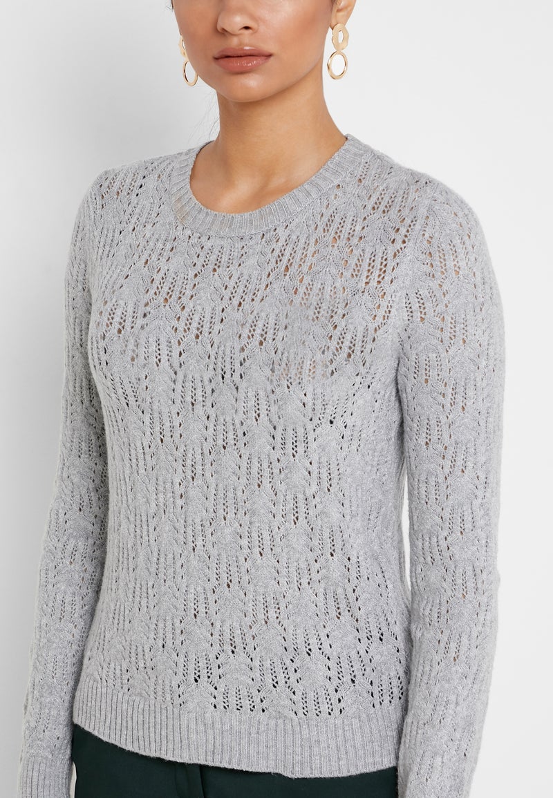 ريزرفد سترة بفتحة رقبة مستديرة ونقشة مخرمة رمادي - Image 3