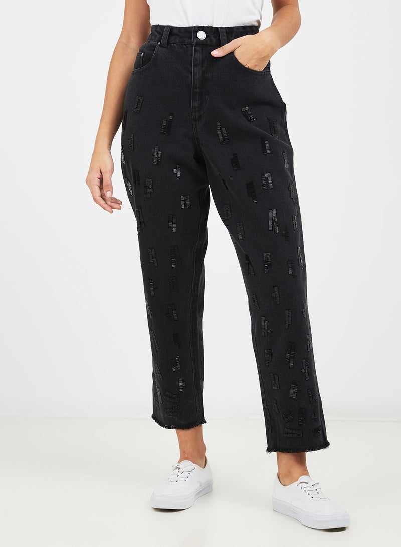 LOST INK Mom With Leopard Embellishment Jeans Washed Black  - Image 1