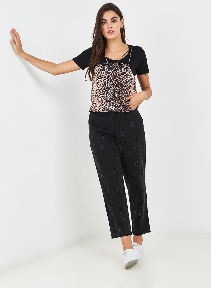 LOST INK Mom With Leopard Embellishment Jeans Washed Black  - Image 3